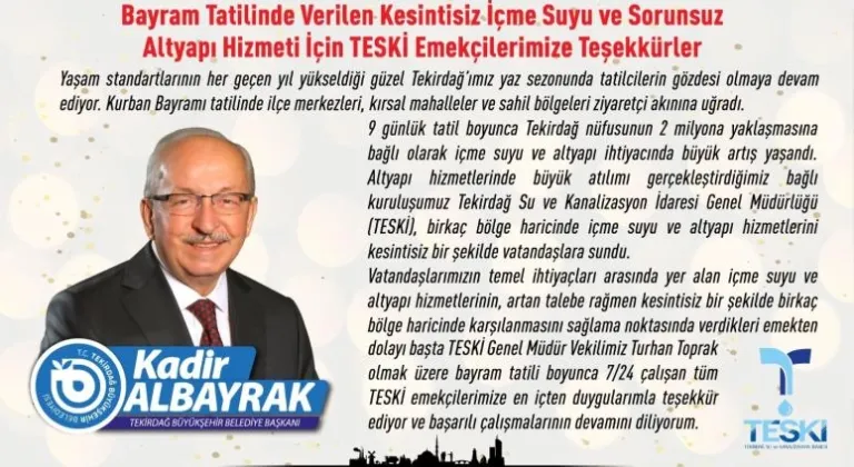 BAYRAM TATİLİNDE NÜFUSU İKİ KATINA ÇIKAN TEKİRDAĞ’DA İÇME SUYU VE ALTYAPI HİZMETİNDE AKSAMA YAŞANMADI