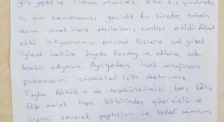 EDİRNE'DE KARANTİNADA KALAN İRANLI AİLE, YURTTA GÖREVLİ AFAD PERSONELİNE MEKTUPLA TEŞEKKÜR ETTİ