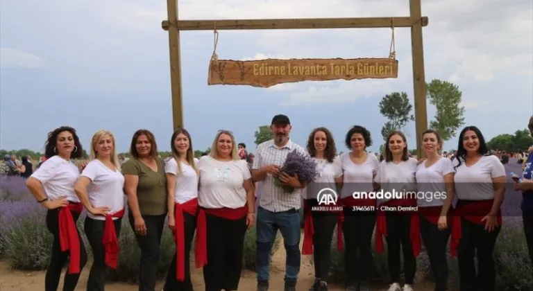 Edirne'de lavanta tarlalarındaki mor çiçekler içinde 