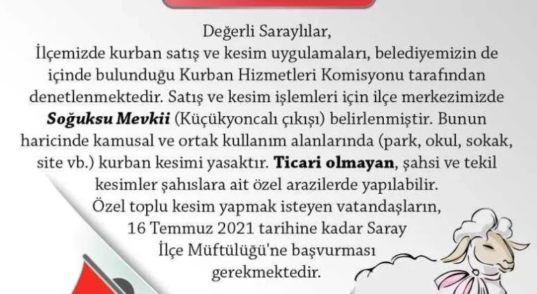 Saray Belediye Başkanlığı’ndan Kurban duyurusu