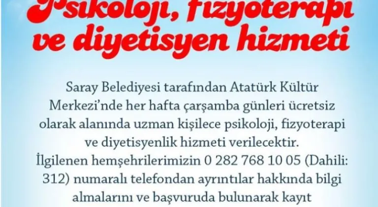 Saray Belediyesi’nden psikolog, diyetisyen ve fizyoterapist hizmeti