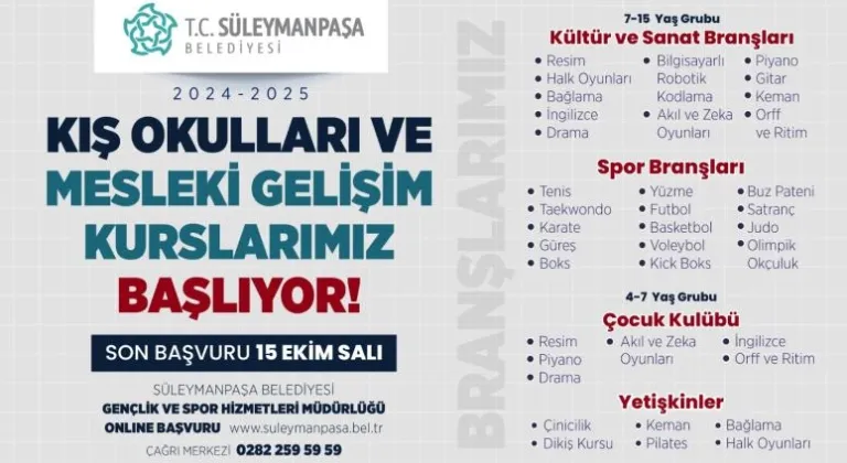 Süleymanpaşa Belediyesi Kış Okulları ve Mesleki Gelişim Kursları Başlıyor